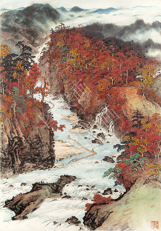近现代 关山月 秋溪放筏 81x120cm